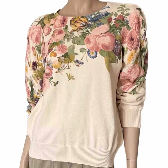 Serengeti Tops - Serengeti women’s pullover sweatshirt 100% cotton cream floral long sleeve